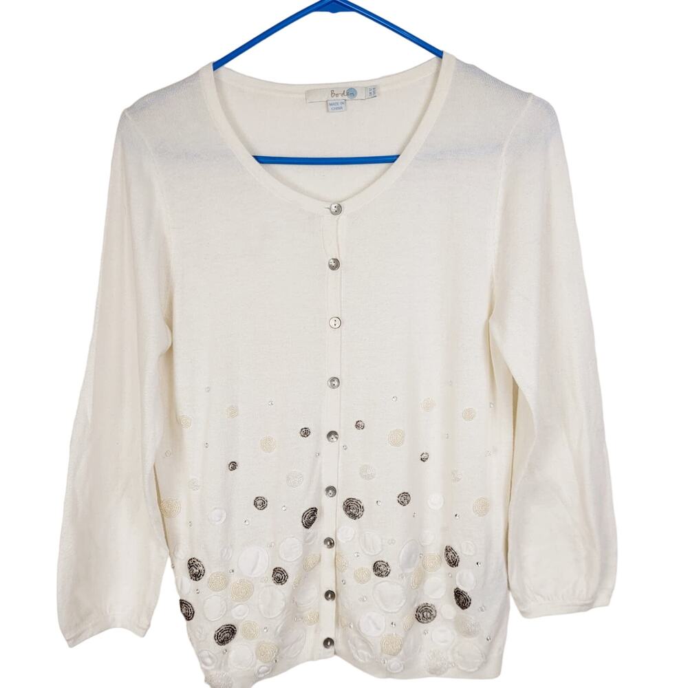 Boden white embroidered and beaded button up light weight cardigan size 8